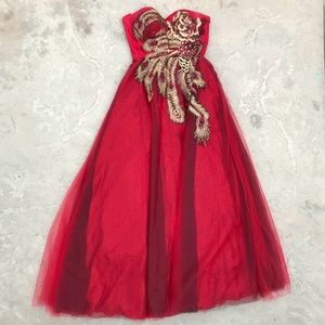 Formal Red Gown with Feathers